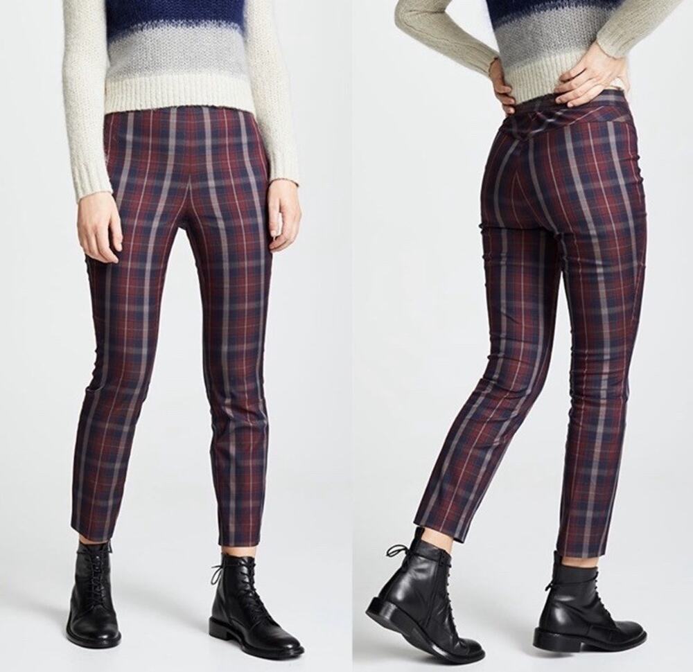 Rag & Bone Simone Pant Trousers Burgundy Plaid Check Cropped Side Zip Size 6 NEW - Picture 1 of 12